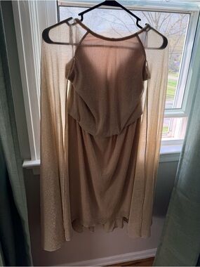 Calvin Klein Shimmering Champagne Midi Dress with Cape Sleeves